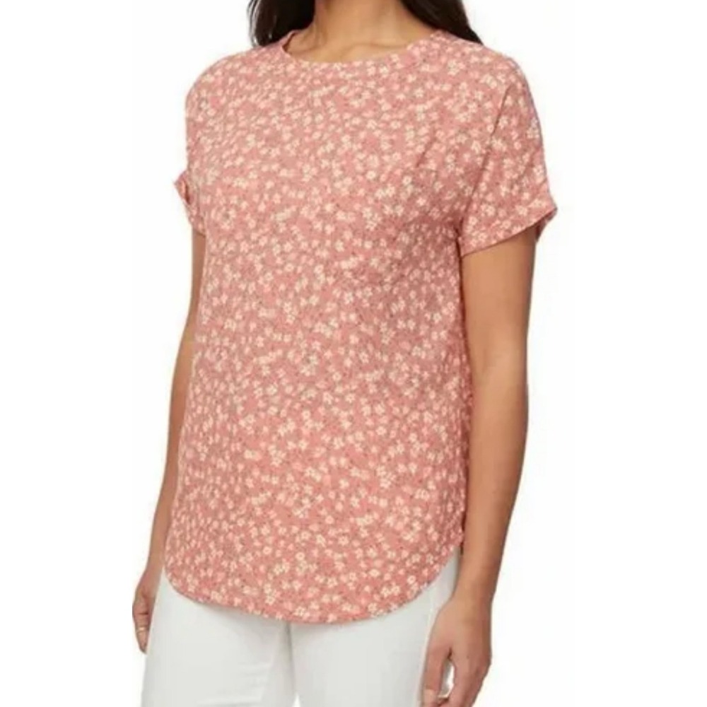 Buffalo David Bitton Blouse XL Patch Pocket Back Keyhole Woven Top Pink Flowers